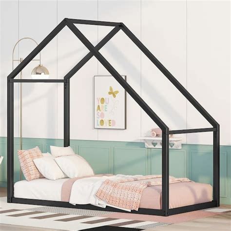 Twin Size Metal House Bed, Black 4n 